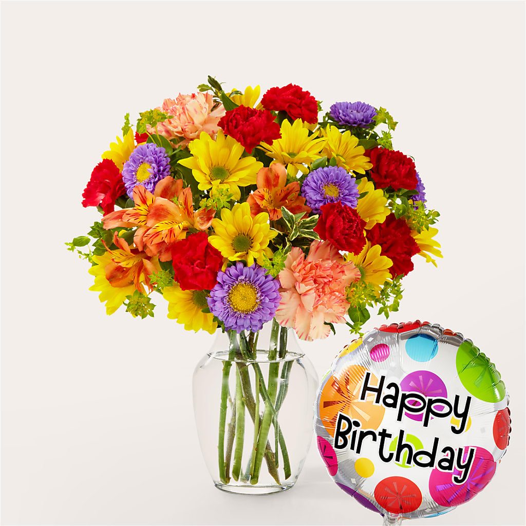 Kaleidoscope Bouquet with Birthday Balloon – Marshall Floral Llc, Marshall MO